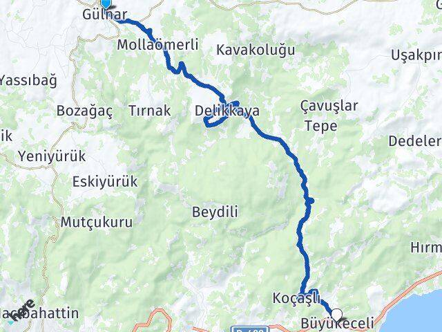 Mersin Gülnar Büyükeceli Gülnar Arası Kaç Km - Yol Haritası