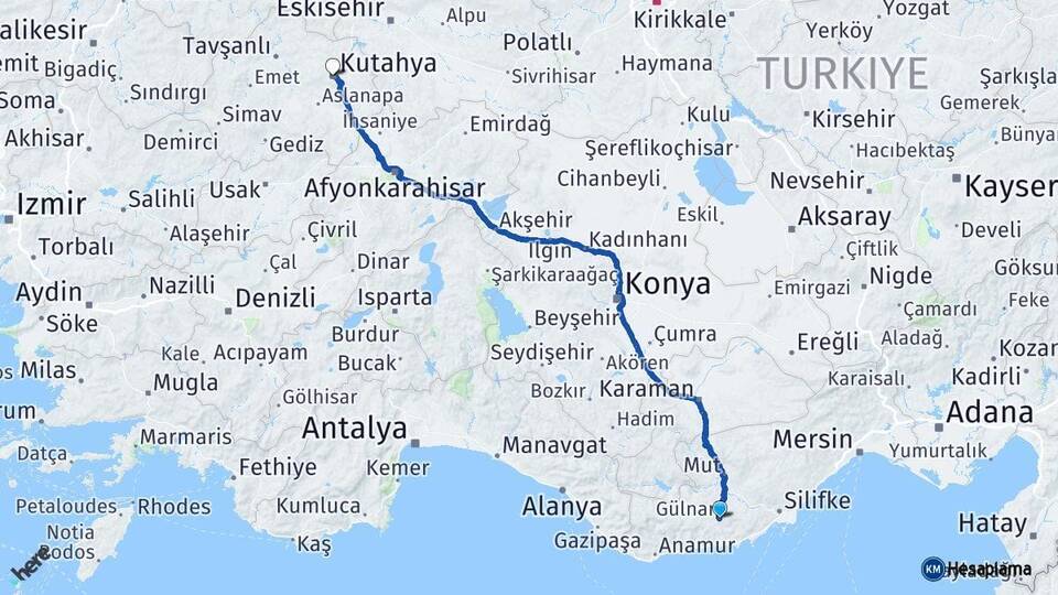 Mersin Gülnar Kütahya Arası Kaç Km - Yol Haritası