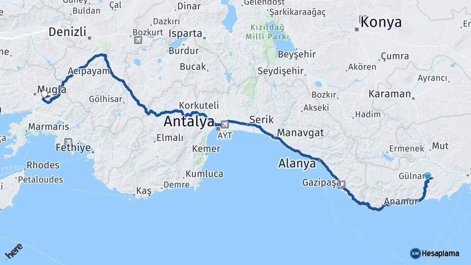 Mersin Gülnar Muğla Arası Kaç Km - Yol Haritası
