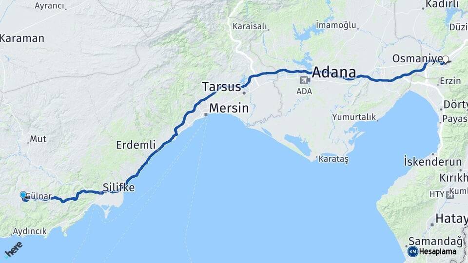 Mersin Gülnar Osmaniye Arası Kaç Km - Yol Haritası