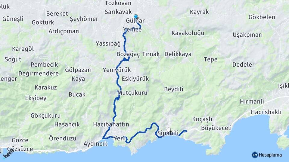 Mersin Gülnar Sipahili Gülnar Arası Kaç Km - Yol Haritası