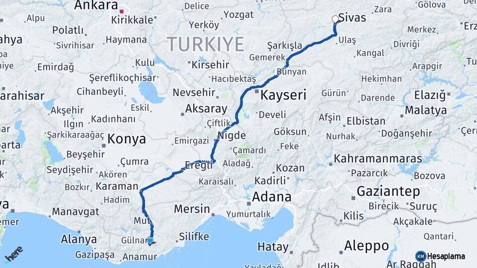 Mersin Gülnar Sivas Arası Kaç Km - Yol Haritası
