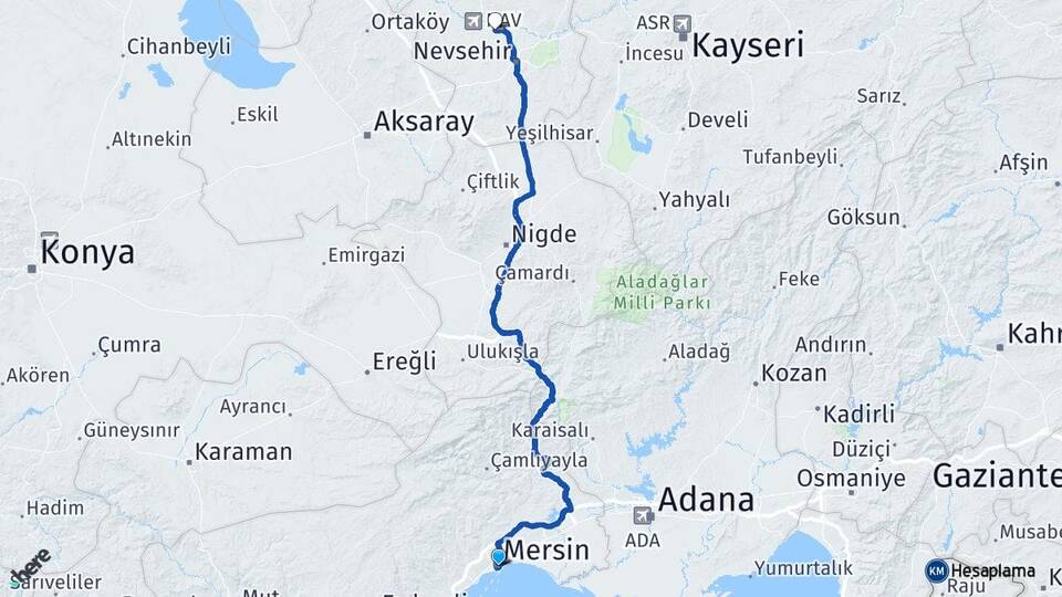 Mersin Gülşehir Nevşehir Arası Kaç Km - Yol Haritası