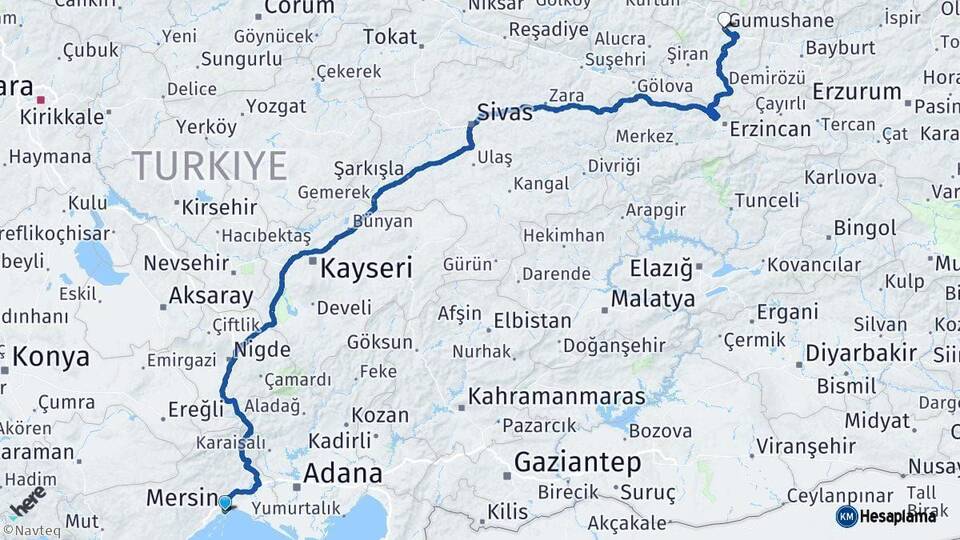 Mersin Gümüşhane Arası Kaç Km - Yol Haritası