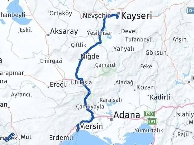 Mersin Hacılar Kayseri Arası Kaç Km - Yol Haritası
