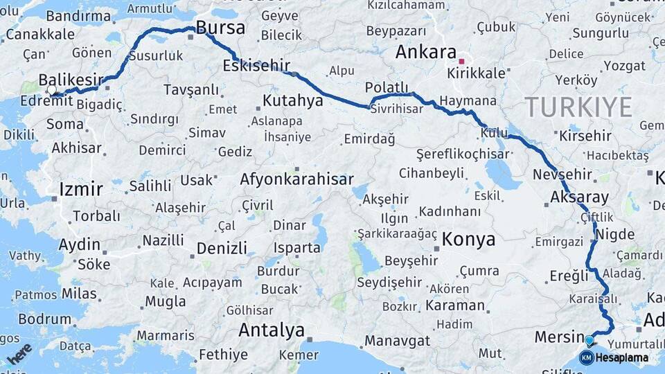 Mersin Havran Balıkesir Arası Kaç Km - Yol Haritası