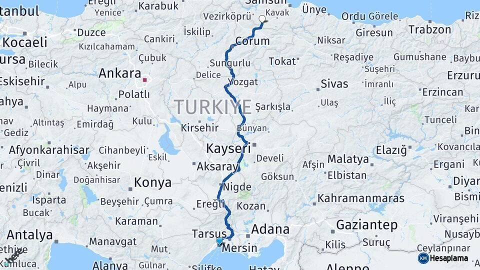 Mersin Havza Samsun Arası Kaç Km - Yol Haritası