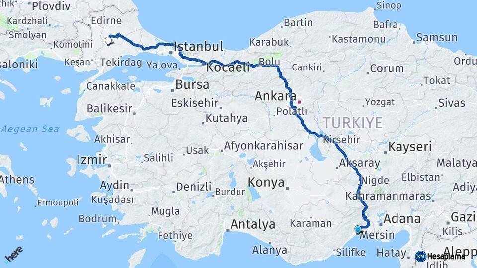 Mersin Hayrabolu Tekirdağ Arası Kaç Km - Yol Haritası