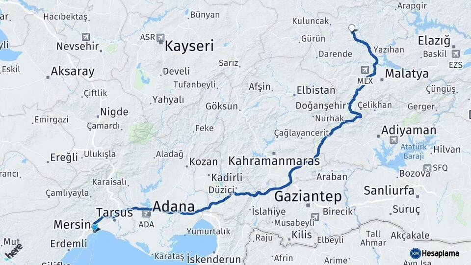 Mersin Hekimhan Malatya Arası Kaç Km - Yol Haritası