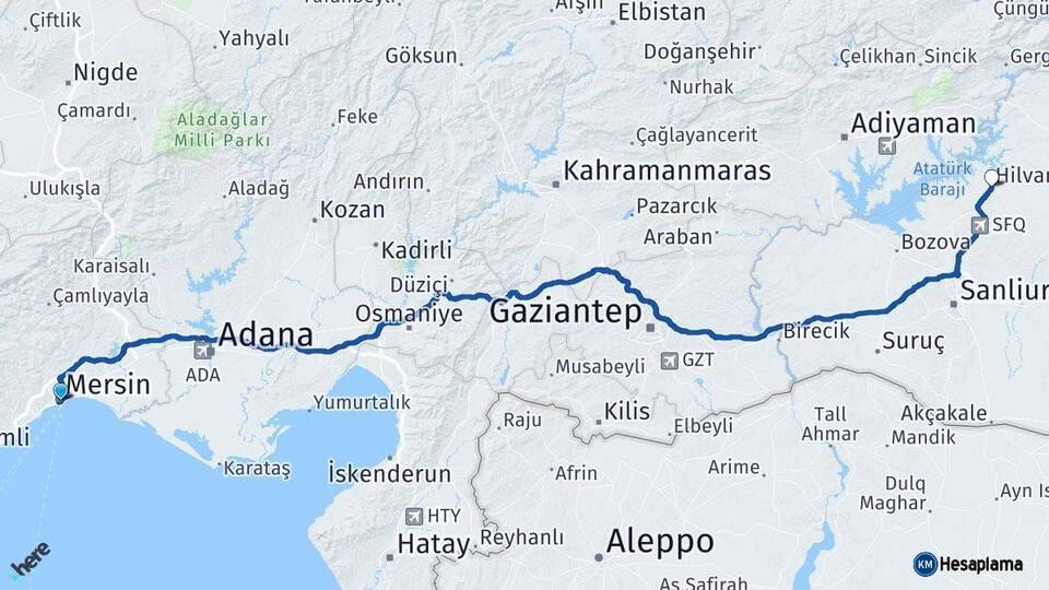 Mersin Hilvan Şanlıurfa Arası Kaç Km - Yol Haritası