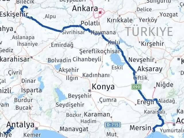 Mersin İnhisar Bilecik Arası Kaç Km - Yol Haritası