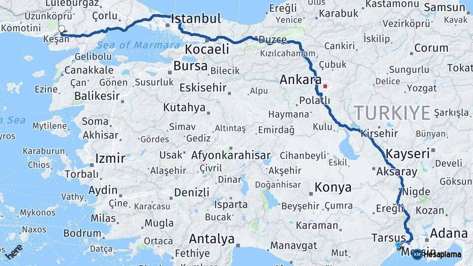Mersin İpsala Edirne Arası Kaç Km - Yol Haritası