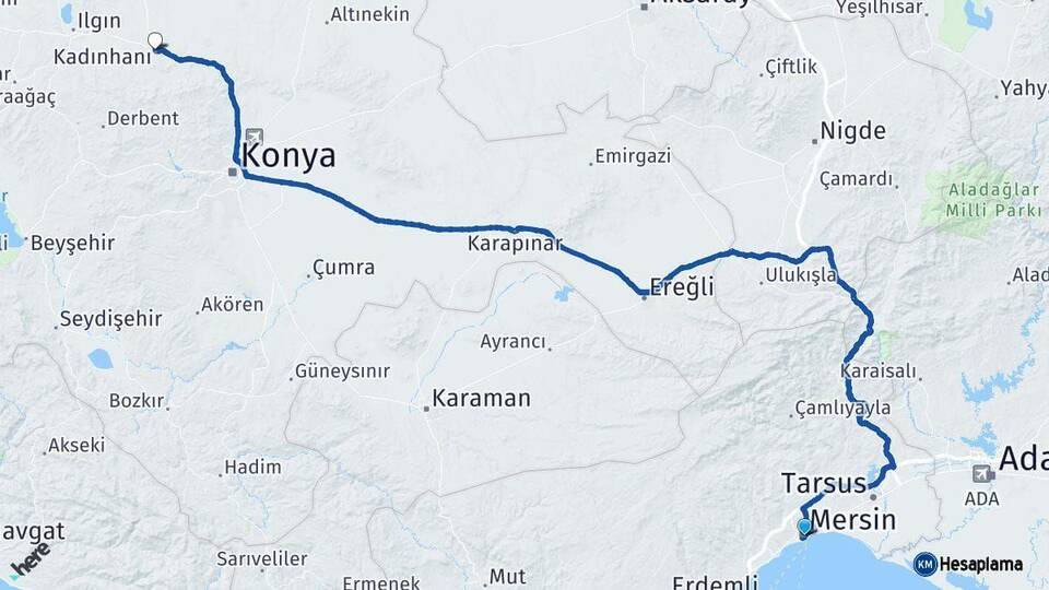 Mersin Kadınhanı Konya Arası Kaç Km - Yol Haritası