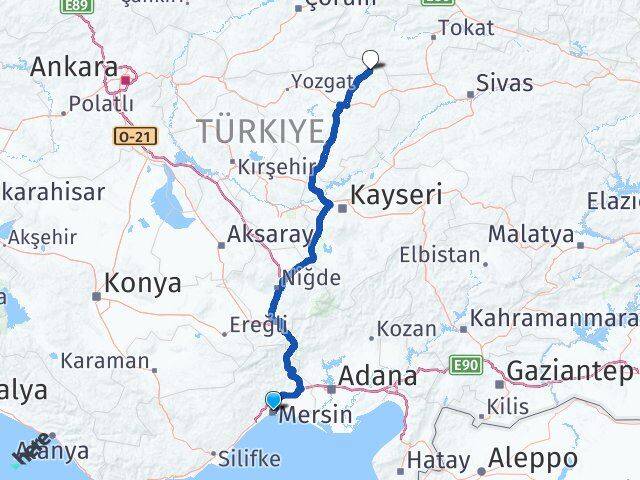 Mersin Kadışehri Yozgat Arası Kaç Km - Yol Haritası