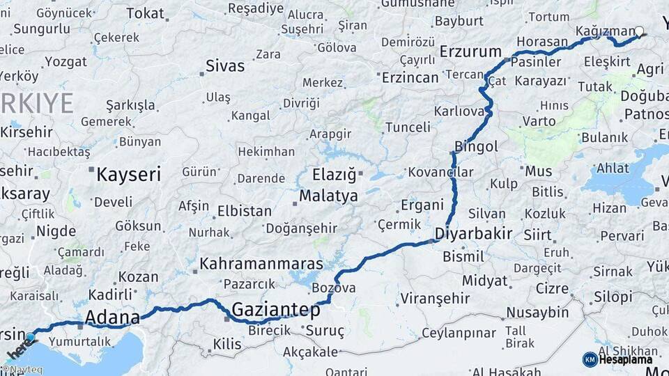 Mersin Kağızman Kars Arası Kaç Km - Yol Haritası