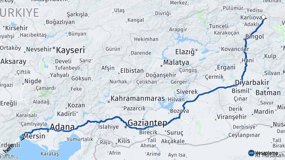 Mersin Karlıova Bingöl Arası Kaç Km - Yol Haritası