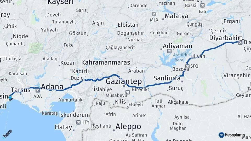 Mersin Kayapınar Diyarbakır Arası Kaç Km - Yol Haritası