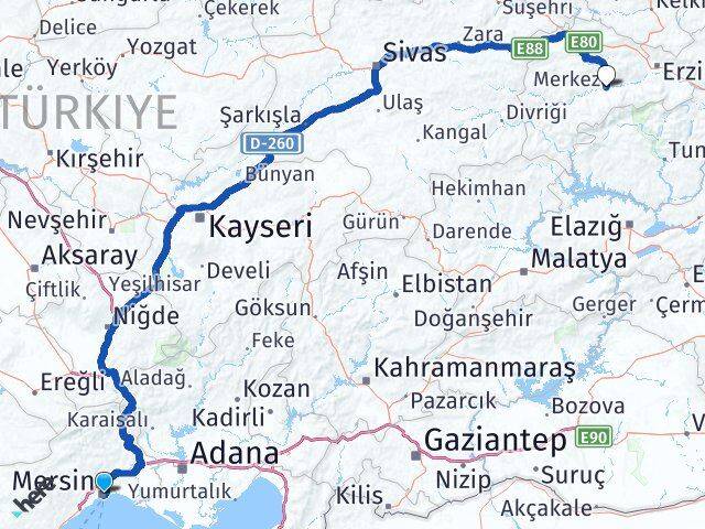 Mersin Kemah Erzincan Arası Kaç Km - Yol Haritası