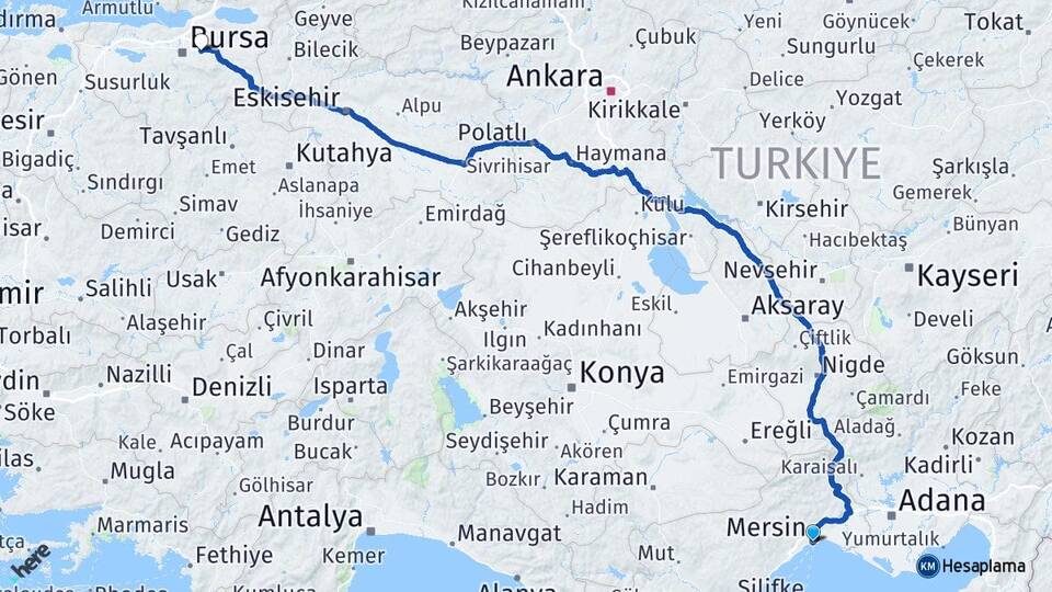 Mersin Kestel Bursa Arası Kaç Km - Yol Haritası