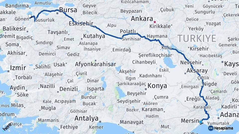 Mersin Manyas Balıkesir Arası Kaç Km - Yol Haritası