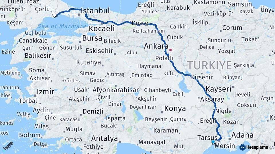 Mersin Marmaraereğlisi Tekirdağ Arası Kaç Km - Yol Haritası