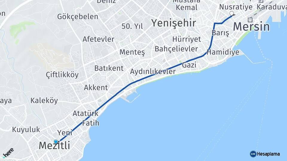 Mersin Mezitli Akdeniz Arası Kaç Km - Yol Haritası