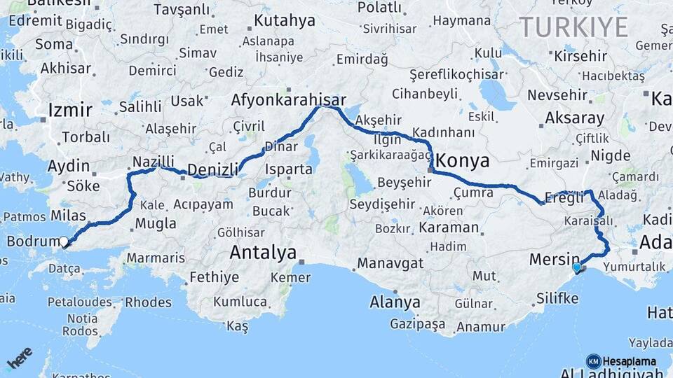 Mersin Mezitli Bodrum Muğla Arası Kaç Km - Yol Haritası