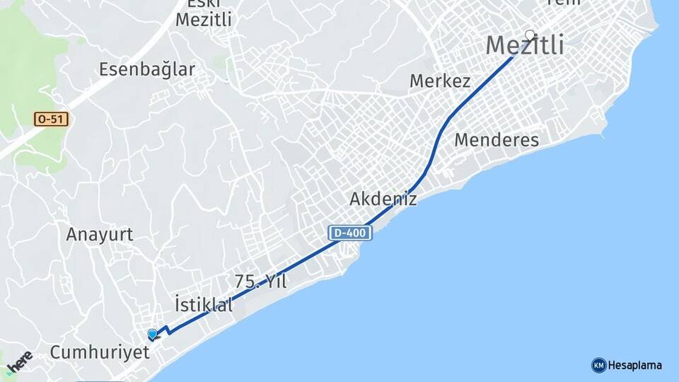 Mersin Mezitli Davultepe Mezitli Arası Kaç Km - Yol Haritası