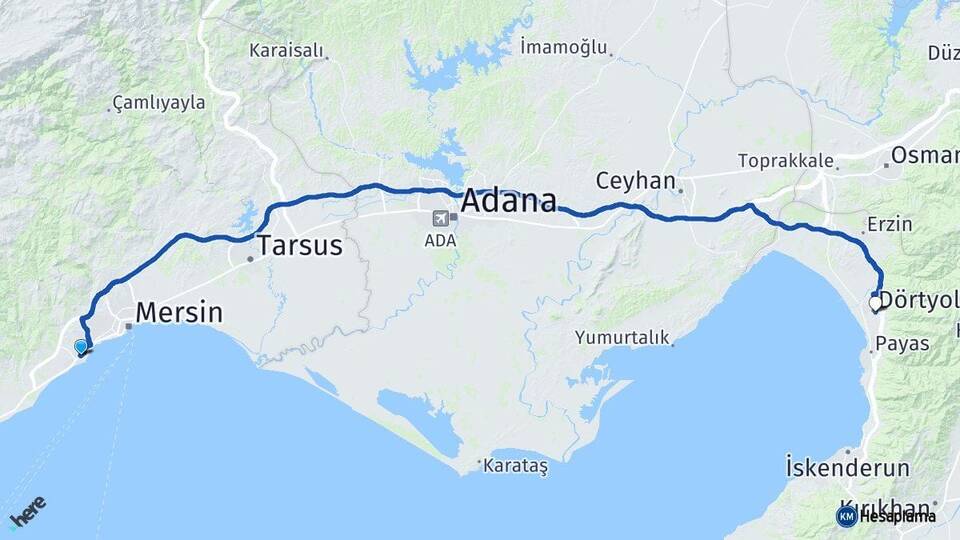 Mersin Mezitli Dörtyol Hatay Arası Kaç Km - Yol Haritası