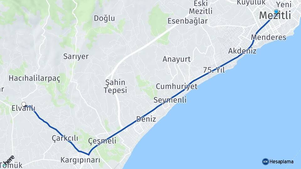 Mersin Mezitli Elvanlı Erdemli Arası Kaç Km - Yol Haritası