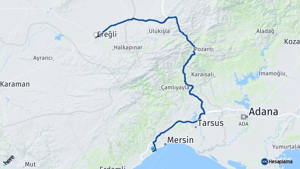 Mersin Mezitli Ereğli Konya Arası Kaç Km - Yol Haritası