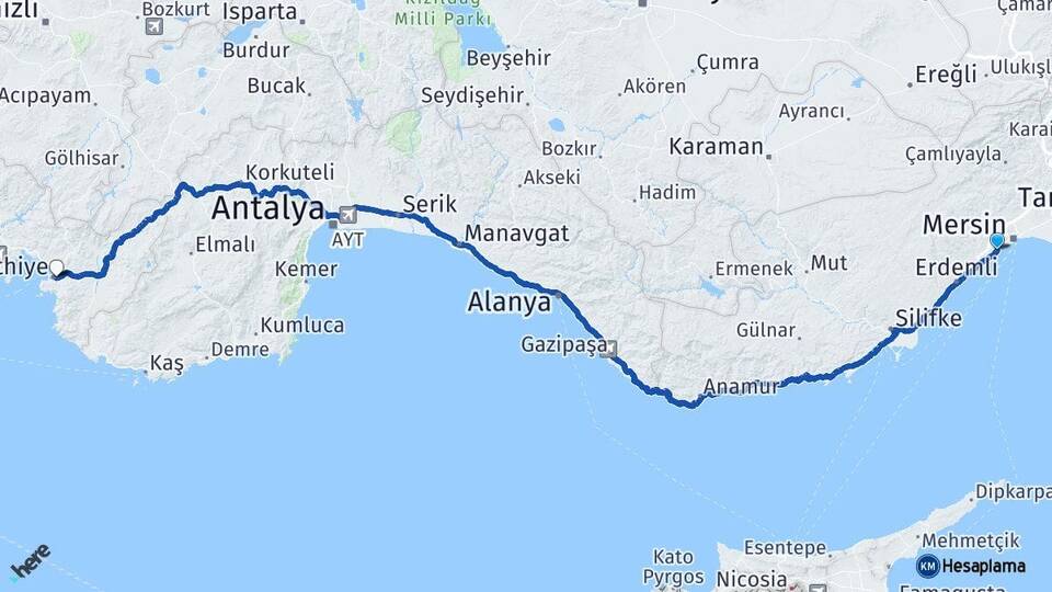 Mersin Mezitli Fethiye Muğla Arası Kaç Km - Yol Haritası