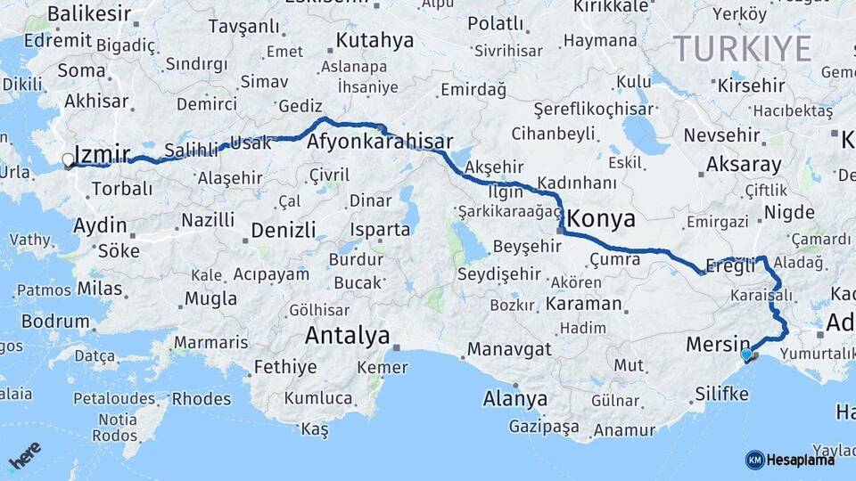 Mersin Mezitli İzmir Arası Kaç Km - Yol Haritası