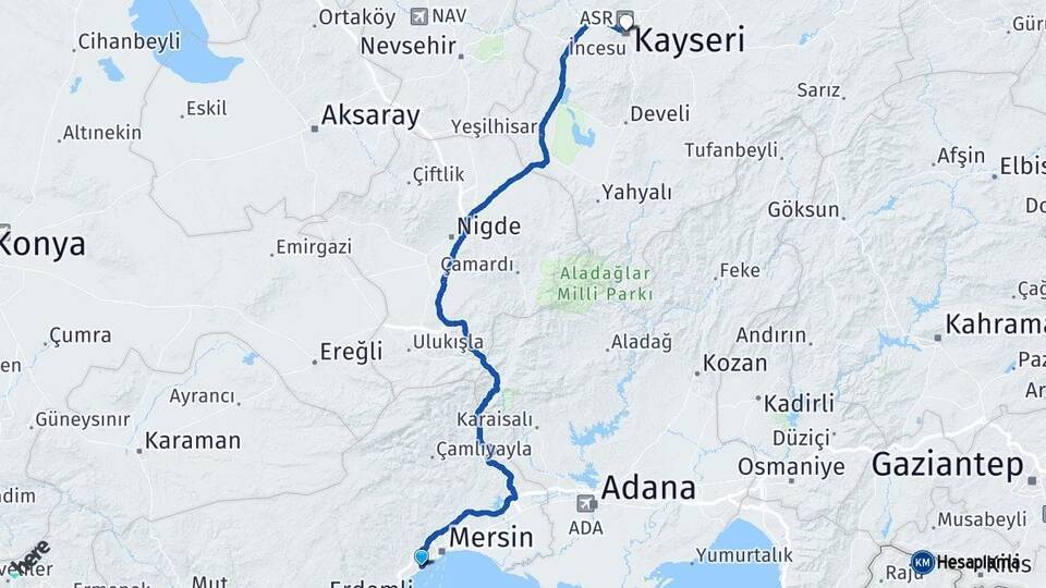 Mersin Mezitli Kayseri Arası Kaç Km - Yol Haritası