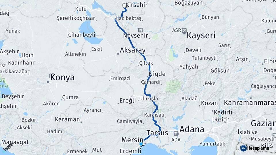 Mersin Mezitli Kırşehir Arası Kaç Km - Yol Haritası