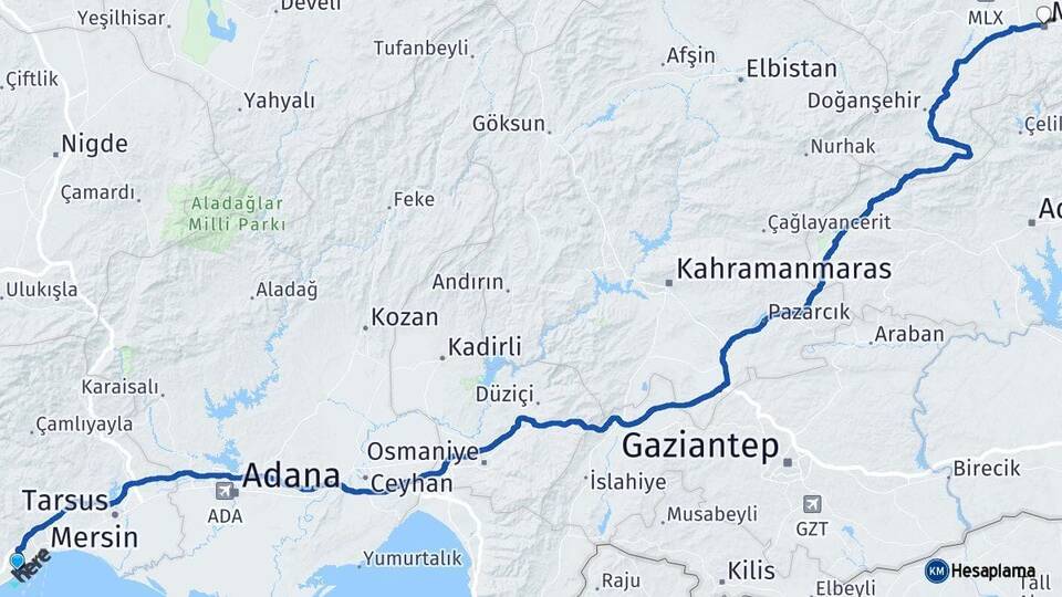 Mersin Mezitli Malatya Arası Kaç Km - Yol Haritası