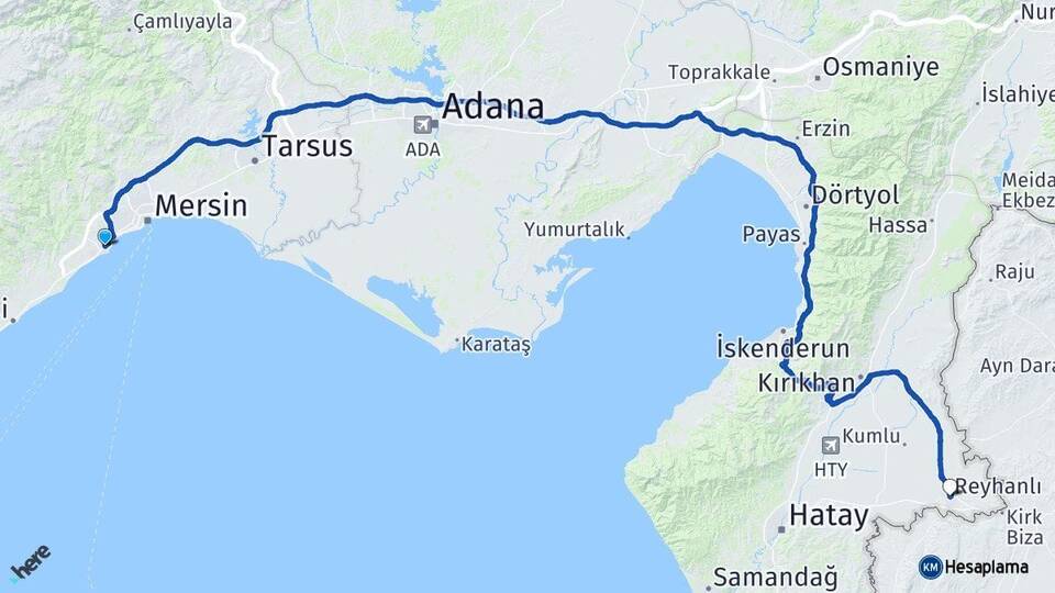 Mersin Mezitli Reyhanlı Hatay Arası Kaç Km - Yol Haritası