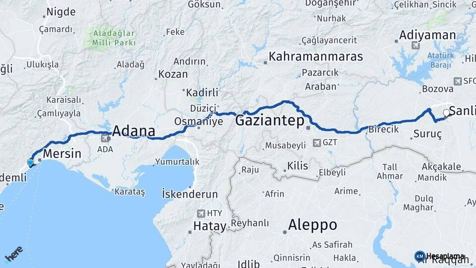 Mersin Mezitli Şanlıurfa Arası Kaç Km - Yol Haritası
