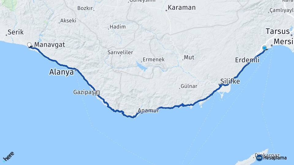 Mersin Mezitli Side Manavgat Antalya Arası Kaç Km - Yol Haritası