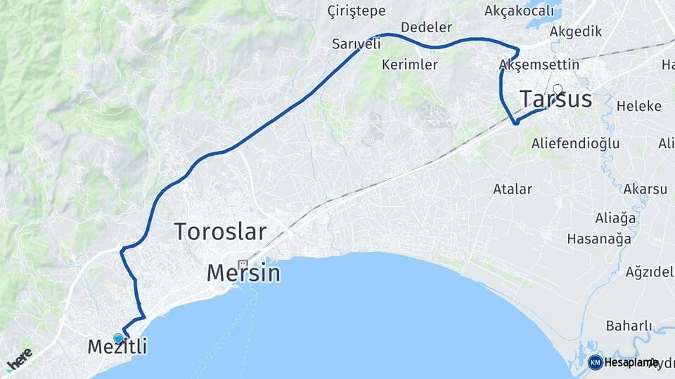 Mersin Mezitli Tarsus Arası Kaç Km - Yol Haritası