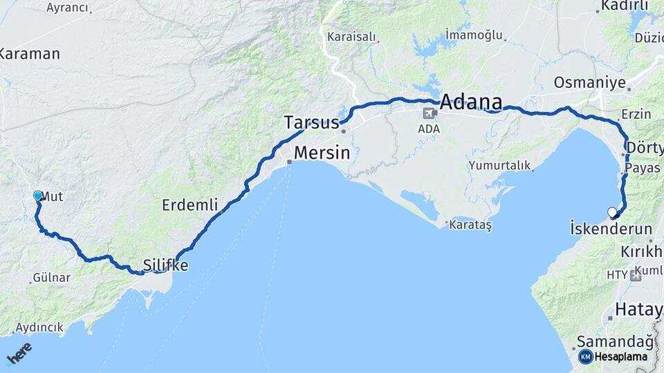 Mersin Mut İskenderun Hatay Arası Kaç Km - Yol Haritası
