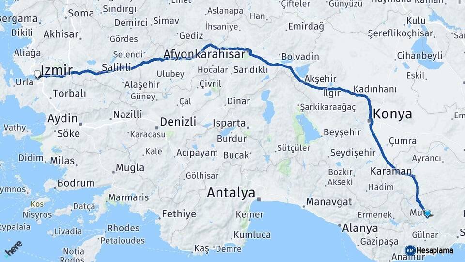 Mersin Mut İzmir Arası Kaç Km - Yol Haritası