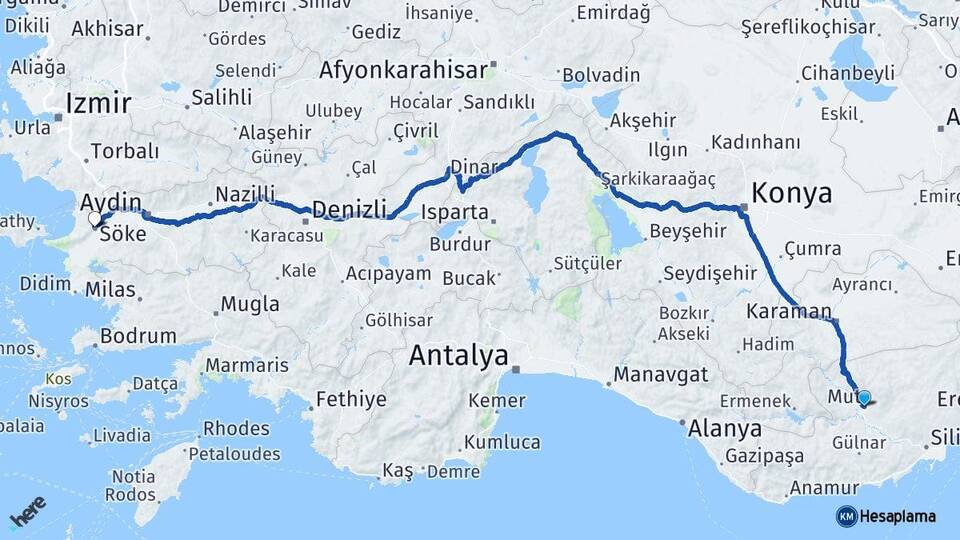 Mersin Mut Söke Aydın Arası Kaç Km - Yol Haritası