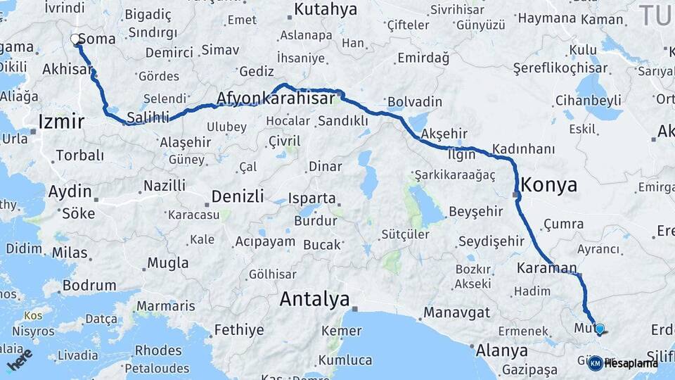 Mersin Mut Soma Manisa Arası Kaç Km - Yol Haritası