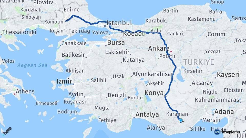 Mersin Mut Uzunköprü Edirne Arası Kaç Km - Yol Haritası