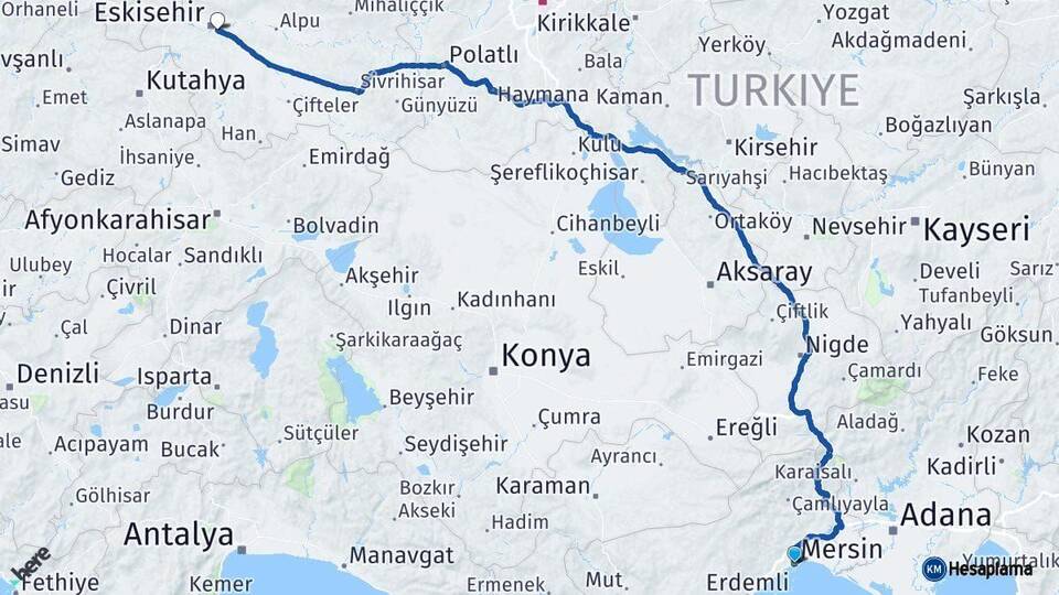 Mersin Odunpazarı Eskişehir Arası Kaç Km - Yol Haritası
