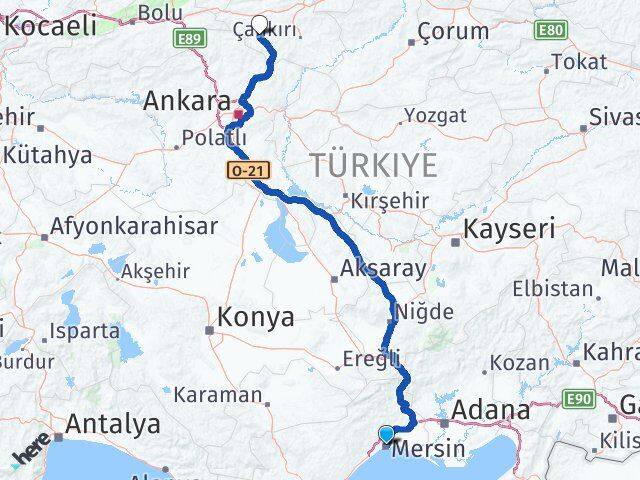Mersin Orta Çankırı Arası Kaç Km - Yol Haritası