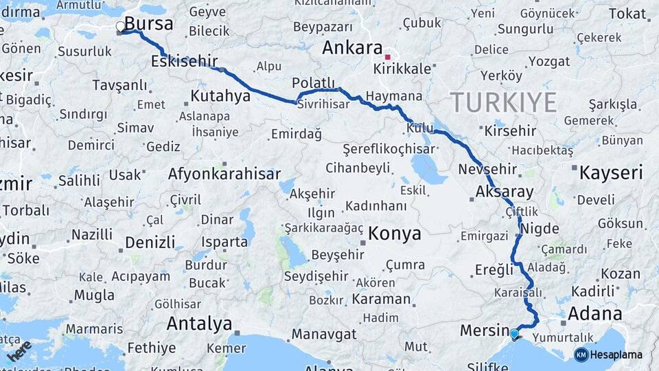 Mersin Osmangazi Bursa Arası Kaç Km - Yol Haritası