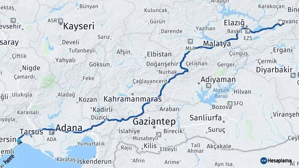 Mersin Palu Elazığ Arası Kaç Km - Yol Haritası