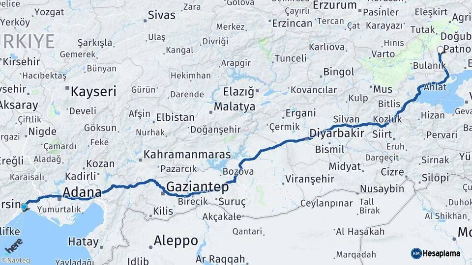 Mersin Patnos Ağrı Arası Kaç Km - Yol Haritası